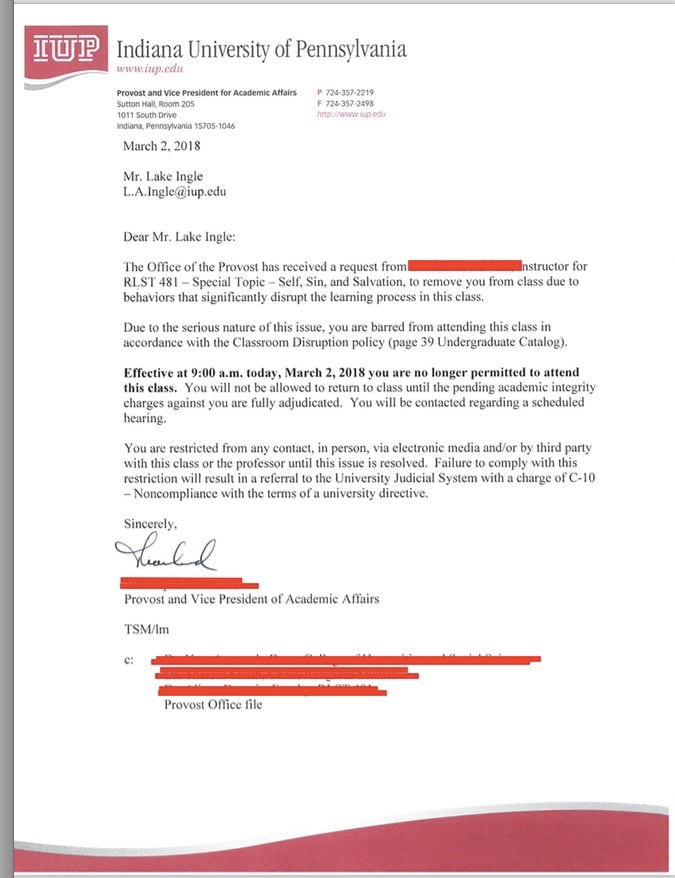 Letter From Provost (Courtesy of Lake Ingle)
