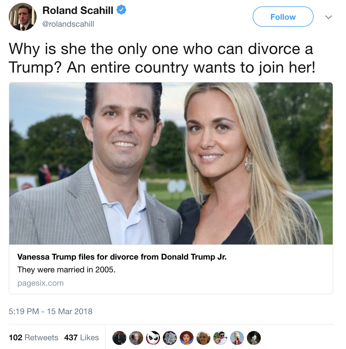 Why is she the only one who can divorce a Trump? An entire country wants to join her!" (Screenshot/.Twitter)