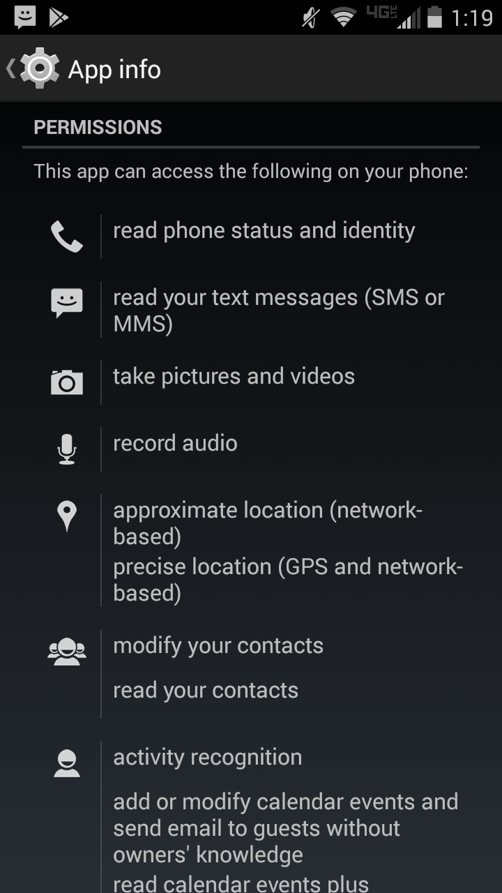 [Screenshot of writer Eric Lieberman's Android-powered smartphone, specifically the list of permissions for Facebook's main app]