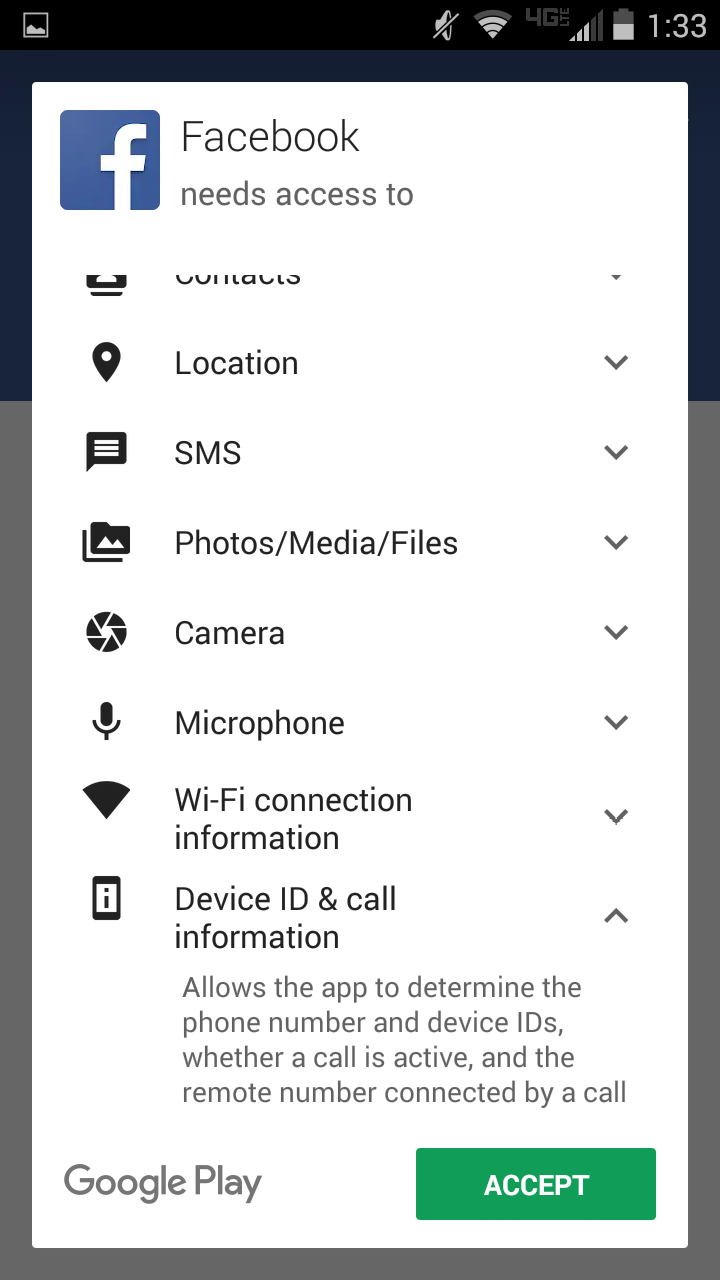 [Screenshot of writer Eric Lieberman's Android-powered smartphone, specifically the list of things Facebook will access once a user downloads the app through the Google Play store. A user must click on the separate subsections for further details]