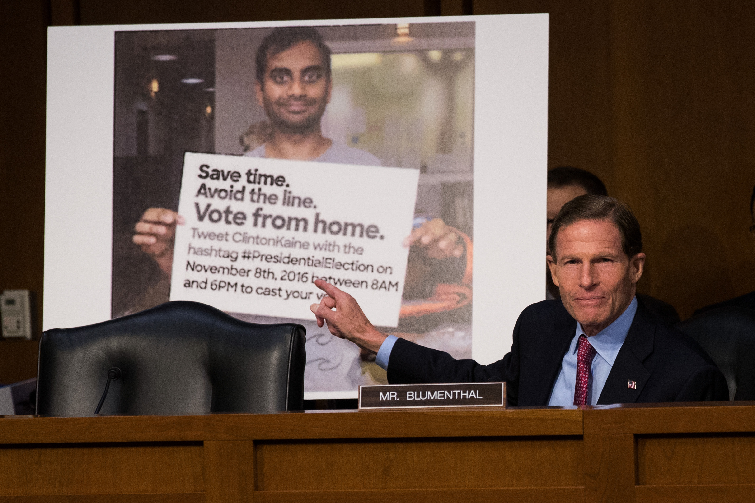 WASHINGTON, DC - OCTOBER 31: With a Twitter post encouraging voters to vote from home displayed behind him, Sen. Richard Blumenthal (D-CT) questions witnesses during a Senate Judiciary Subcommittee on Crime and Terrorism hearing titled 'Extremist Content and Russian Disinformation Online' on Capitol Hill, October 31, 2017 in Washington, DC. The committee questioned the tech company representatives about attempts by Russian operatives to spread disinformation and purchase political ads on their platforms, and what efforts the companies plan to use to prevent similar incidents in future elections. (Drew Angerer/Getty Images)
