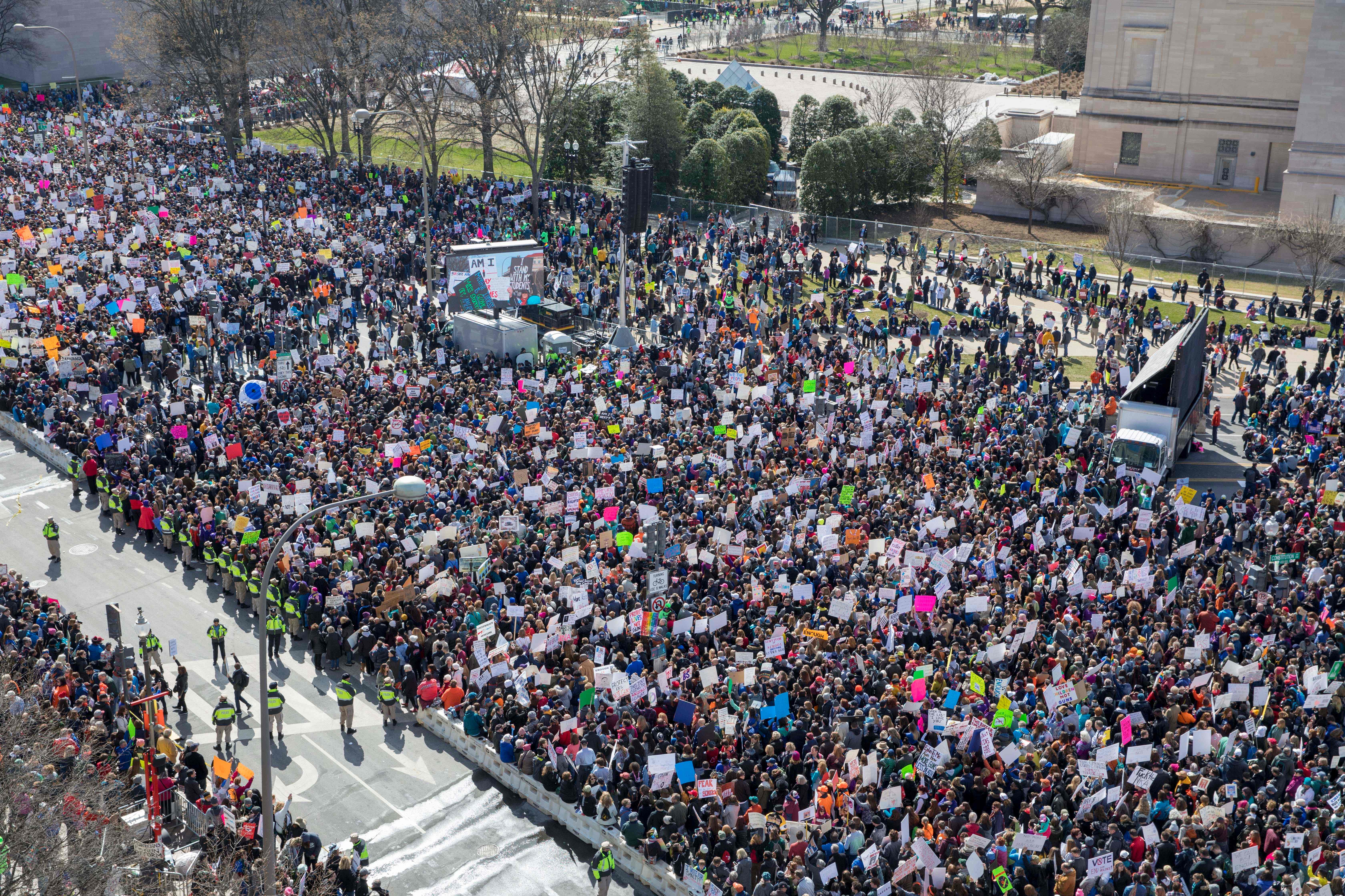 The crowd at the March for Our Lives Rally as seen from the roof of the Newseum in Washington, DC on March 24, 2018. Galvanized by a massacre at a Florida high school, hundreds of thousands of Americans are expected to take to the streets in cities across the United States on Saturday in the biggest protest for gun control in a generation. (ALEX EDELMAN/AFP/Getty Images)