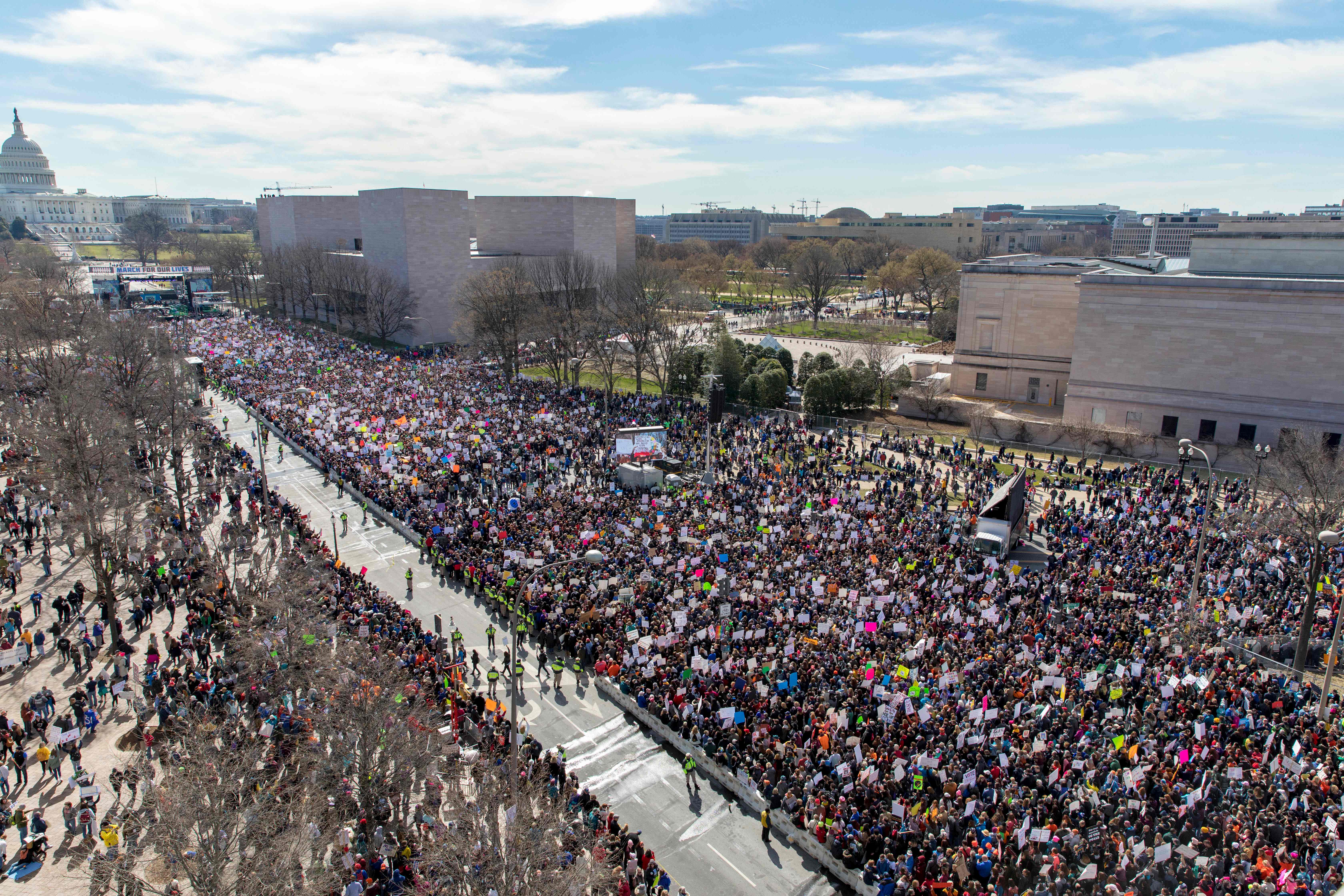The crowd at the March for Our Lives Rally as seen from the roof of the Newseum in Washington, DC on March 24, 2018. Galvanized by a massacre at a Florida high school, hundreds of thousands of Americans are expected to take to the streets in cities across the United States on Saturday in the biggest protest for gun control in a generation. (ALEX EDELMAN/AFP/Getty Images)