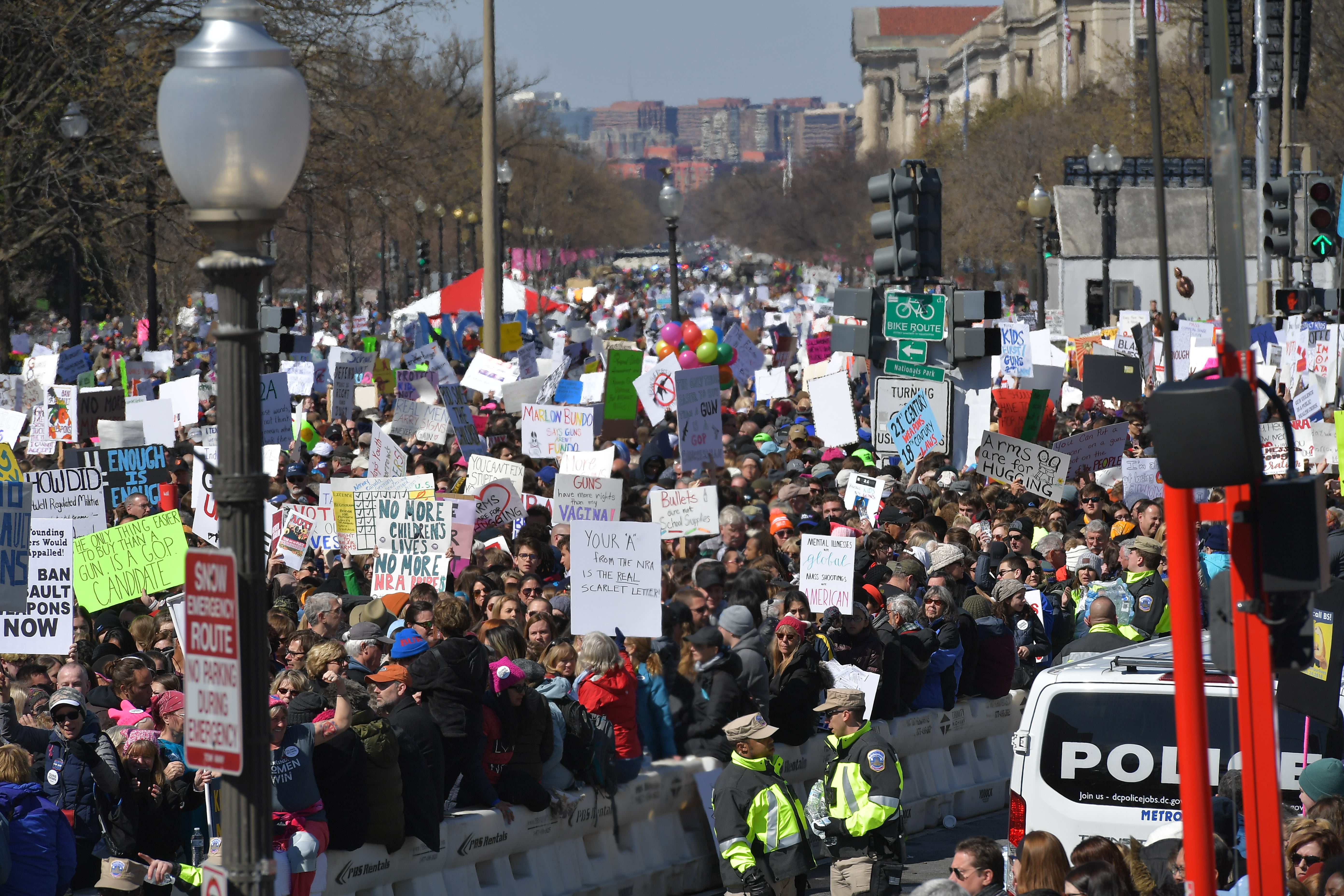 People gather at the March for Our Lives Rally in Washington, DC on March 24, 2018. Galvanized by a massacre at a Florida high school, hundreds of thousands of Americans are expected to take to the streets in cities across the United States on Saturday in the biggest protest for gun control in a generation. (NGAN/AFP/Getty Images)