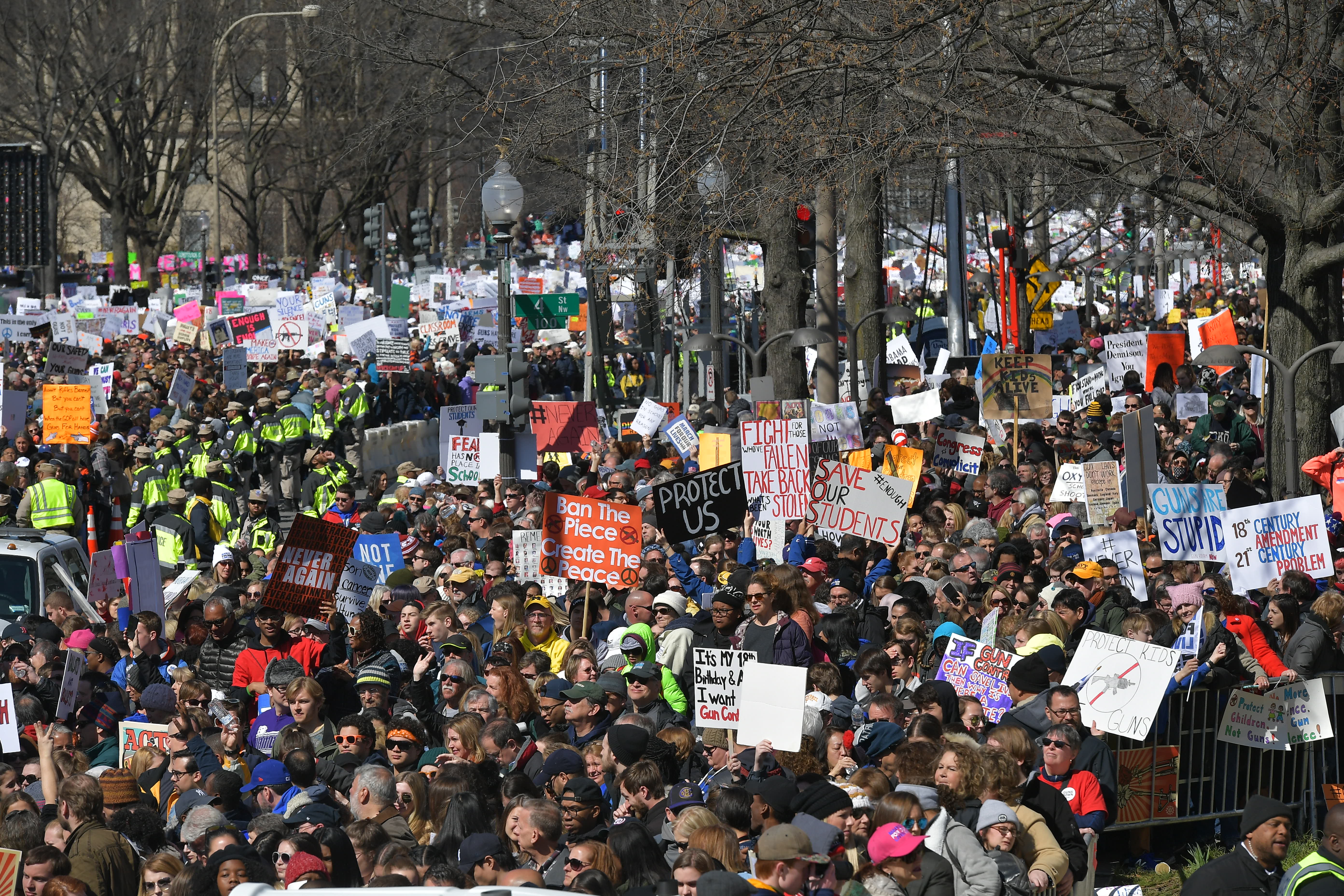 People gather at the March for Our Lives Rally in Washington, DC on March 24, 2018. Galvanized by a massacre at a Florida high school, hundreds of thousands of Americans are expected to take to the streets in cities across the United States on Saturday in the biggest protest for gun control in a generation. (NGAN/AFP/Getty Images)