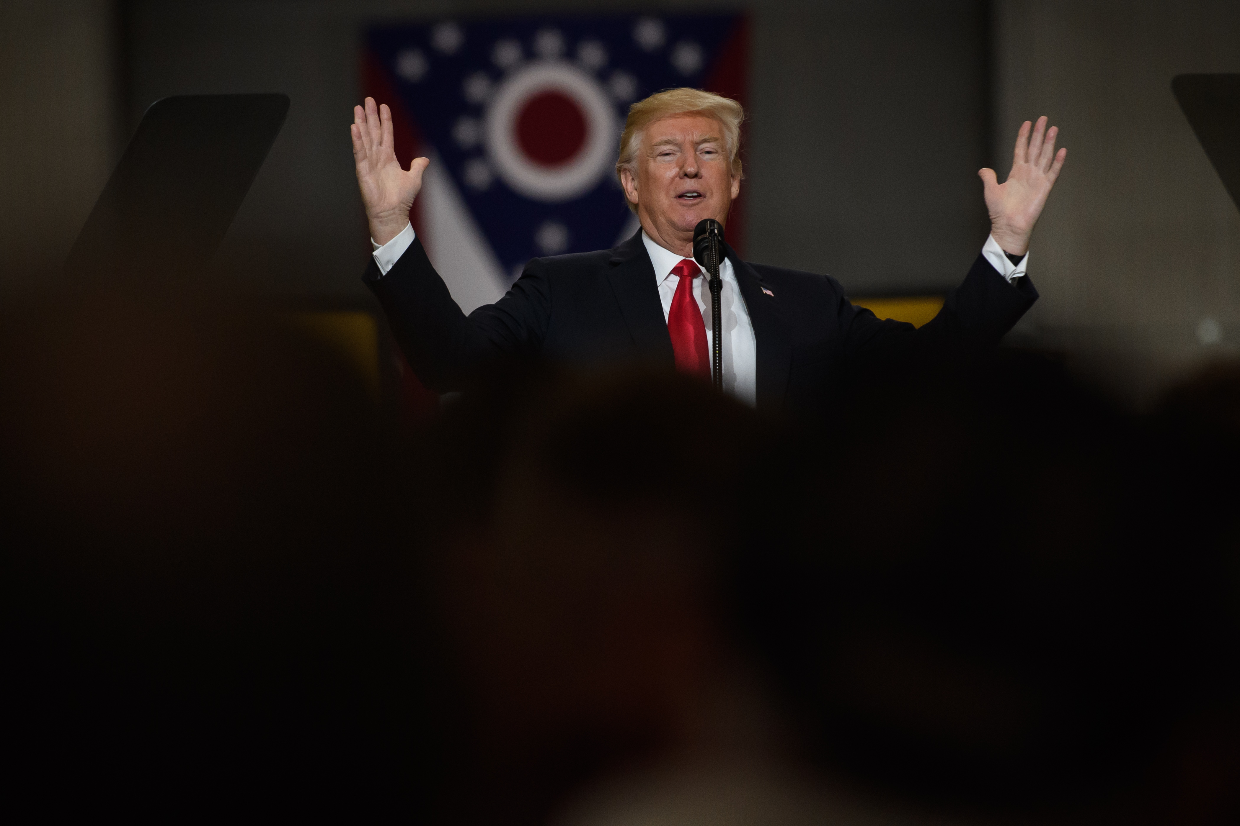 RICHFIELD, OHIO - MARCH 29: U.S. President Donald Trump speaks to a crowd gathered at the Local 18 Richfield Facility of the Operating Engineers Apprentice and Training, a union and apprentice training center specializing in the repair and operation of heavy equipment on March 29, 2018 in Richfield, Ohio. President Trump's remarks centered upon infrastructure investment in the economy and labor statistics. (Photo by Jeff Swensen/Getty Images)