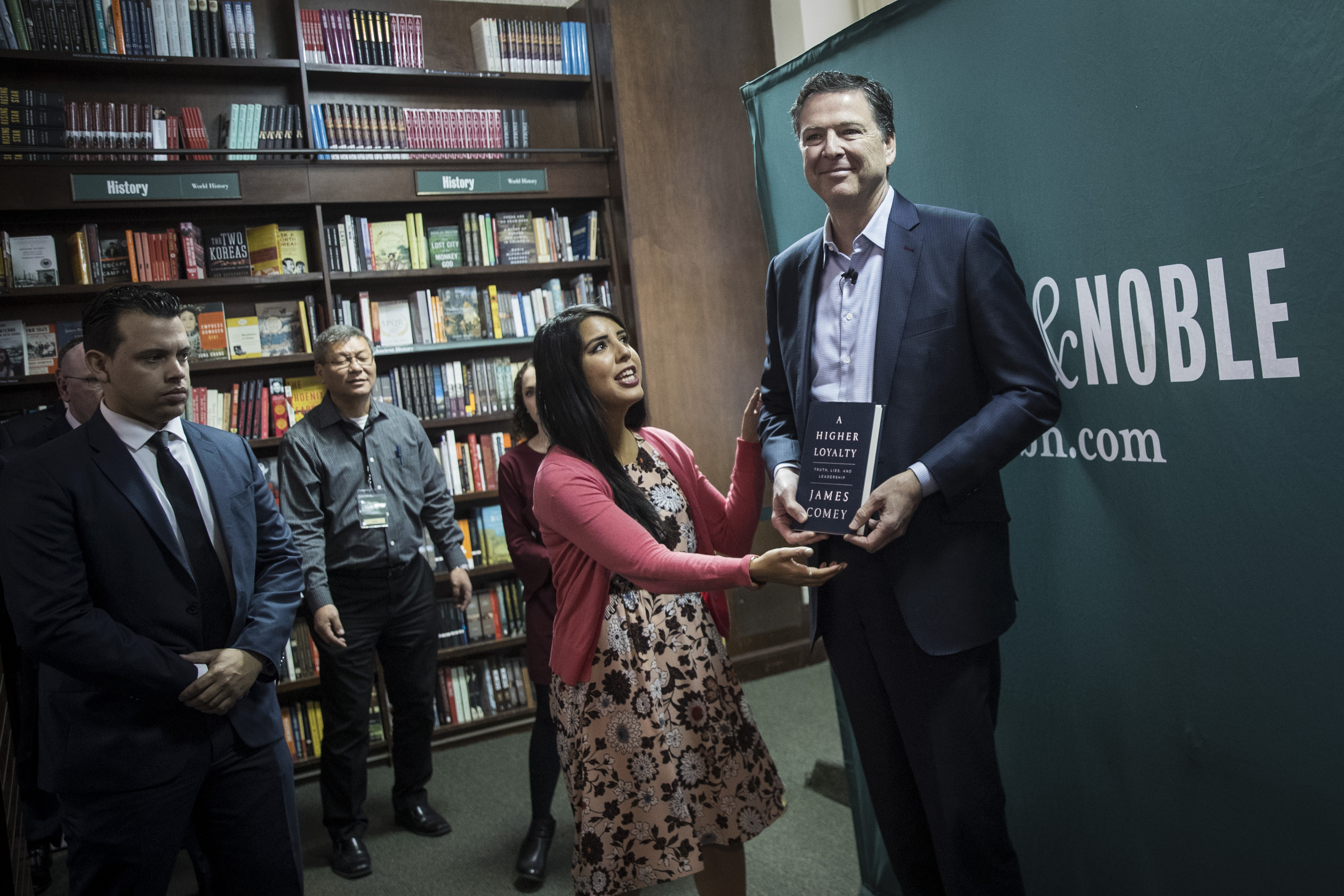 NEW YORK, NY - APRIL 18: Former FBI Director James Comey poses for photographs as he arrives to speak about his new book "A Higher Loyalty: Truth, Lies, and Leadership" at Barnes & Noble bookstore, April 18, 2018 in New York City. The book, which went on sale yesterday, focuses on leadership principles and details his interactions with President Donald Trump. Comey served as FBI Director from September 2013 until May 2017, when he was fired by the president. Comey previously served as U.S. Deputy Attorney General and U.S. Attorney for the Southern District of New York. (Photo by Drew Angerer/Getty Images)