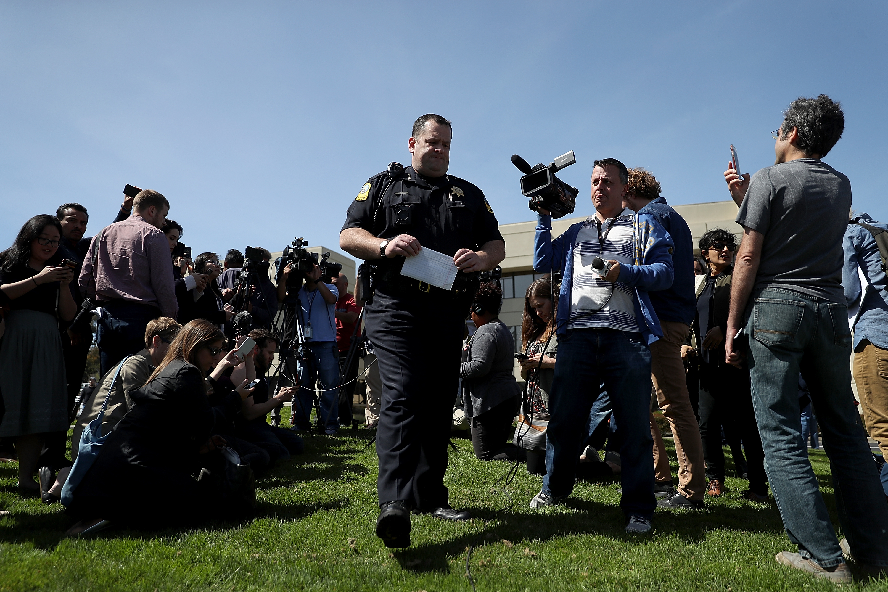 SAN BRUNO, CA - APRIL 03: San Bruno police chief Ed Barberini speaks to members of the media outside of the YouTube headquarters on April 3, 2018 in San Bruno, California. Police are investigating an active shooter incident at YouTube headquarters that has left at least one person dead and several wounded. (Photo by Justin Sullivan/Getty Images)