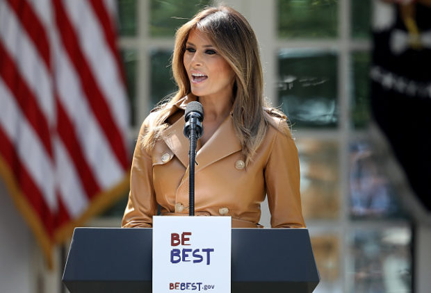 WASHINGTON, DC - MAY 07: U.S. first lady Melania Trump speaks in the Rose Garden of the White House May 7, 2018 in Washington, DC. Trump outlined her new initiatives as first lady during the event. (Photo by Win McNamee/Getty Images)