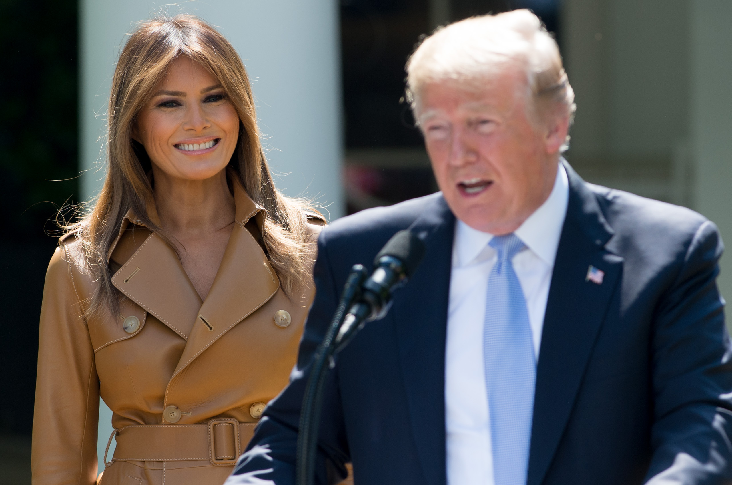 US President Donald Trump speaks alongside First Lady Melania Trump as she announces her "Be Best" children's initiative in the Rose Garden of the White House in Washington, DC, May 7, 2018. (Photo by SAUL LOEB / AFP) (Photo credit should read SAUL LOEB/AFP/Getty Images)