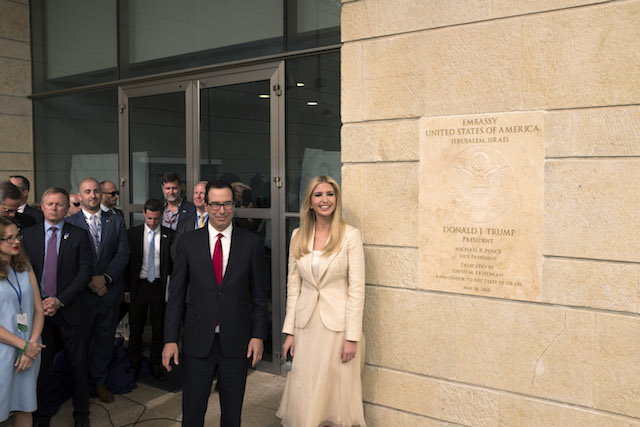 JERUSALEM, ISRAEL - MAY 14: (ISRAEL OUT) White House senior advisor Ivanka Trump (R) and US Treasury Secretary Steven Mnuchin (L) arrive to the opening of the US embassy in Jerusalem on May 14, 2018 in Jerusalem, Israel. US President Donald J. Trump's administration officially transfered the ambassador's offices to the consulate building and temporarily use it as the new US Embassy in Jerusalem. Trump in December last year recognized Jerusalem as Israel's capital and announced an embassy move from Tel Aviv, prompting protests in the occupied Palestinian territories and several Muslim-majority countries. (Photo by Lior Mizrahi/Getty Images,)