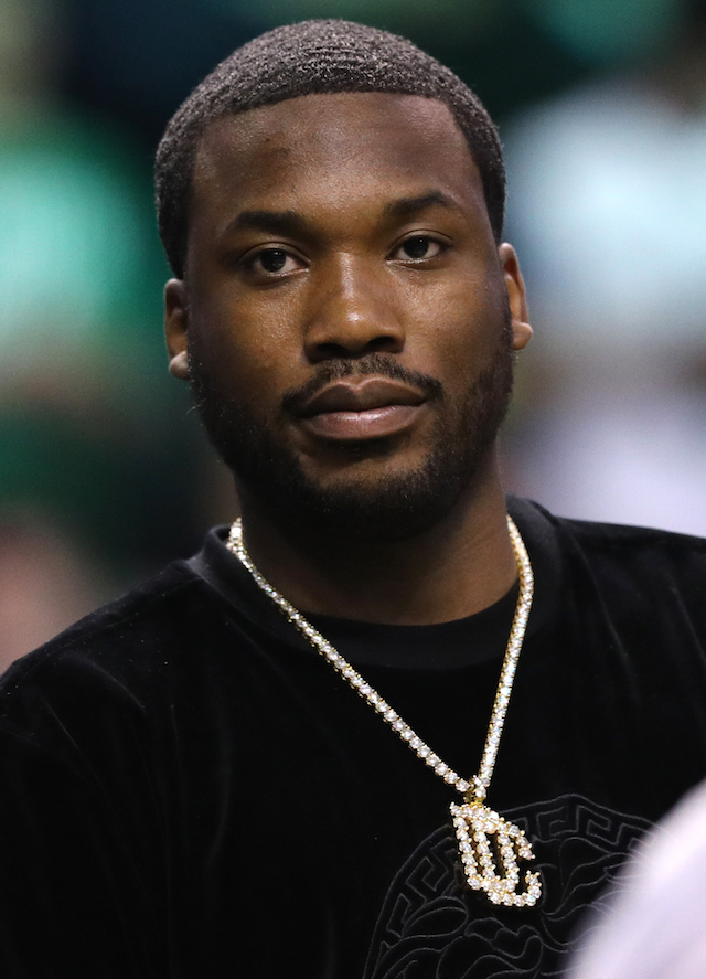 BOSTON, MA - MAY 3: Rapper Meek Mill looks on during Game Two of the Eastern Conference Second Round of the 2018 NBA Playoffs between the Boston Celtics and the Philadelphia 76ers at TD Garden on May 3, 2018 in Boston, Massachusetts. The Celtics defeat the 76ers 108-103. (Photo by Maddie Meyer/Getty Images)