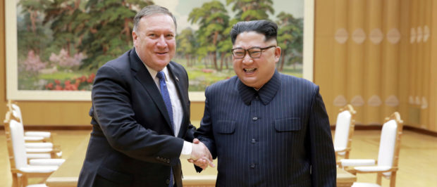 North Korean leader Kim Jong Un shakes hands with U.S. Secretary of State Mike Pompeo in this May 9, 2018 photo released on May 10, 2018 by North Korea's Korean Central News Agency (KCNA) in Pyongyang. KCNA/via REUTERS