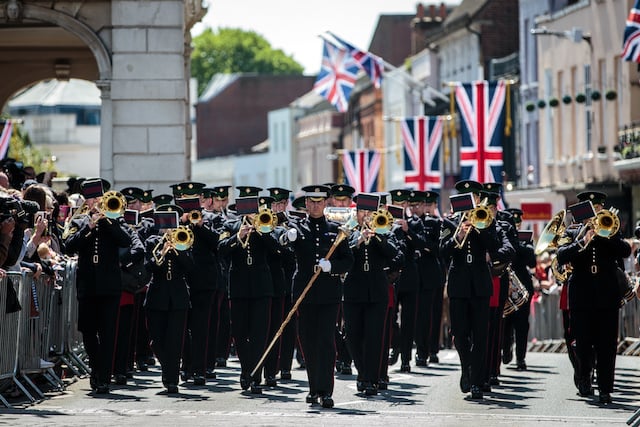 WINDSOR, ENGLAND - MAY 17: A military band take part in a dress rehearsal of the wedding of Prince Harry and Meghan Markle outside Windsor Castle on May 17, 2018 in Windsor, England. (Photo by Jack Taylor/Getty Images)