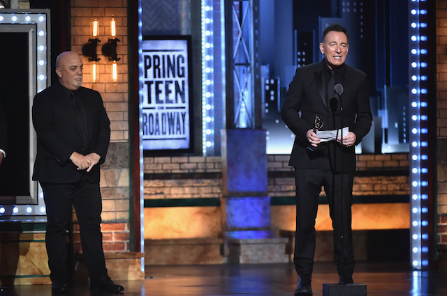 NEW YORK, NY - JUNE 10: Bruce Springsteen (R) accepts a Special Tony Award from Billy Joel (L) onstage during the 72nd Annual Tony Awards at Radio City Music Hall on June 10, 2018 in New York City. (Photo by Theo Wargo/Getty Images for Tony Awards Productions)
