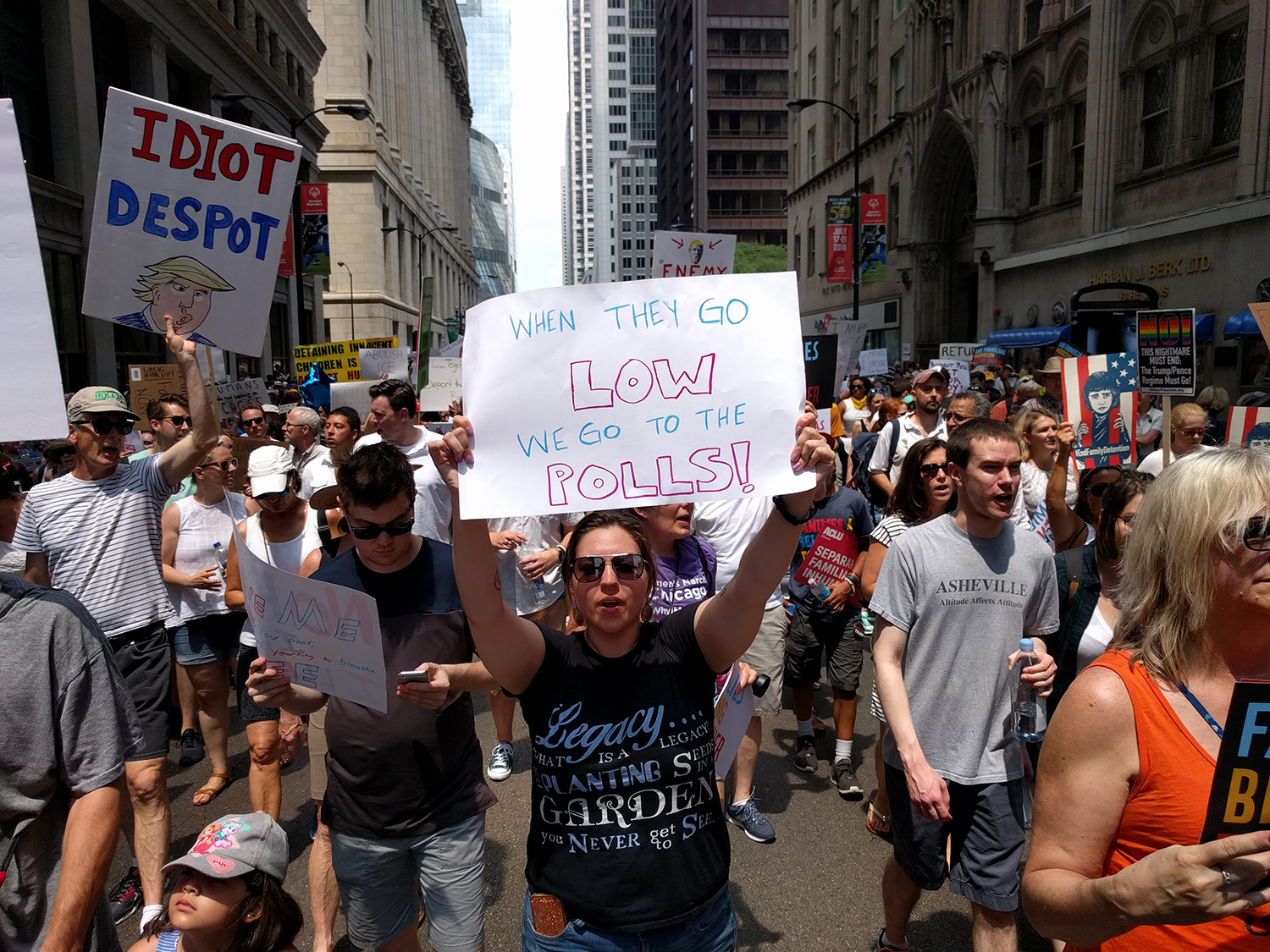 Protesters march down Clark Street in downtown Chicago in a mass demonstration against the Trump administration's immigration policies on June 30, 2018. Will Racke/TheDCNF