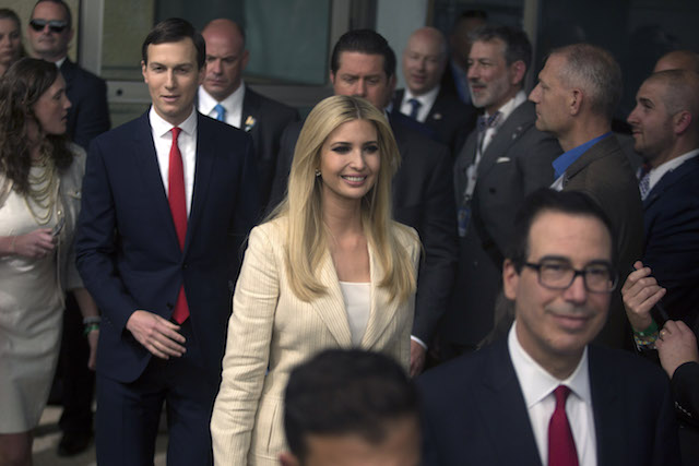 JERUSALEM, ISRAEL - MAY 14: (ISRAEL OUT) White House senior advisor Ivanka Trump (C) US Treasury Secretary Steven Mnuchin (R) and Senior White House Advisor Jared Kushner (L) arrive to the opening of the US embassy in Jerusalem on May 14, 2018 in Jerusalem, Israel. US President Donald J. Trump's administration officially transfered the ambassador's offices to the consulate building and temporarily use it as the new US Embassy in Jerusalem. Trump in December last year recognized Jerusalem as Israel's capital and announced an embassy move from Tel Aviv, prompting protests in the occupied Palestinian territories and several Muslim-majority countries. (Photo by Lior Mizrahi/Getty Images,)