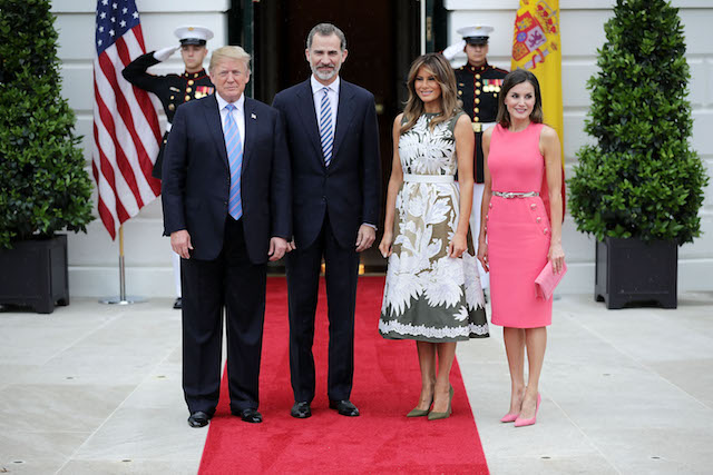 WASHINGTON, DC - JUNE 19: (L-R) U.S. President Donald Trump, King Felipe VI of Spain, first lady Melania Trump and Queen Letizia of Spain pose for photographs outside the White House June 19, 2018 in Washington, DC. The Spanish royals visited San Antonio, Texas, and New Orleans, Louisiana, before traveling to Washington to meeting with Trump. (Photo by Chip Somodevilla/Getty Images)