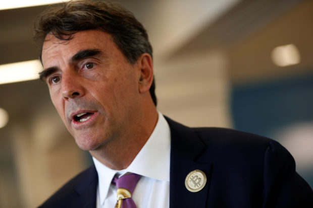 Venture capitalist and CAL 3 Chairman Tim Draper speaks during a press conference after announcing he has collected more than 600,000 signatures to put the plan to partition California into three states into the November ballot in San Mateo, California, April 12, 2018. REUTERS/ Stephen Lam