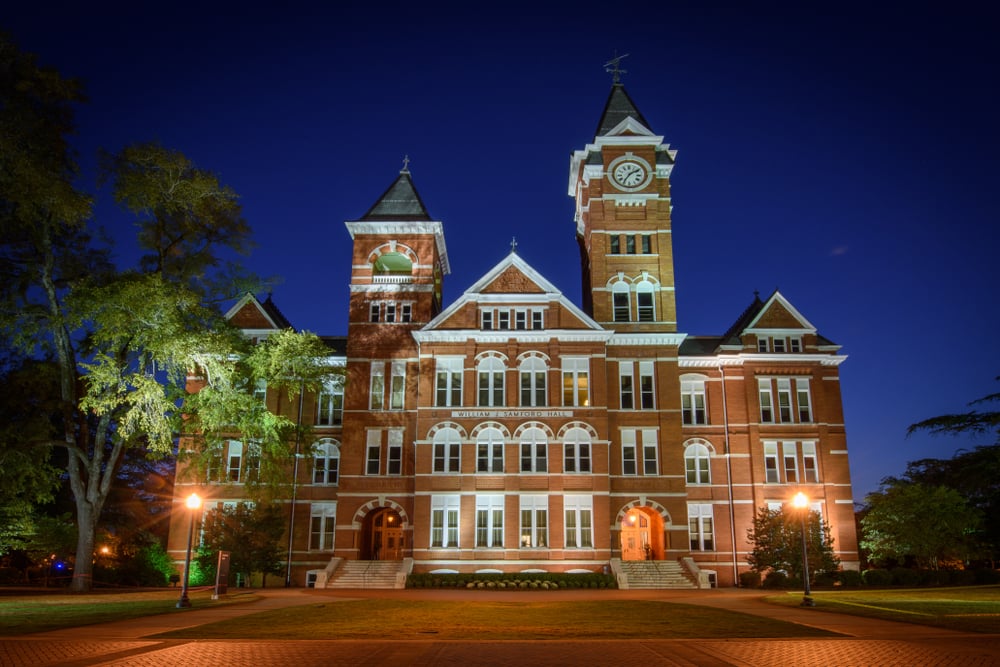 Auburn, AL - September 23: Samford Hall, completed in 1888, sits as a popular landmark on the campus of Auburn University, in Auburn, Alabama on September 23, 2016. (Shutterstock/Kristopher Kettner)