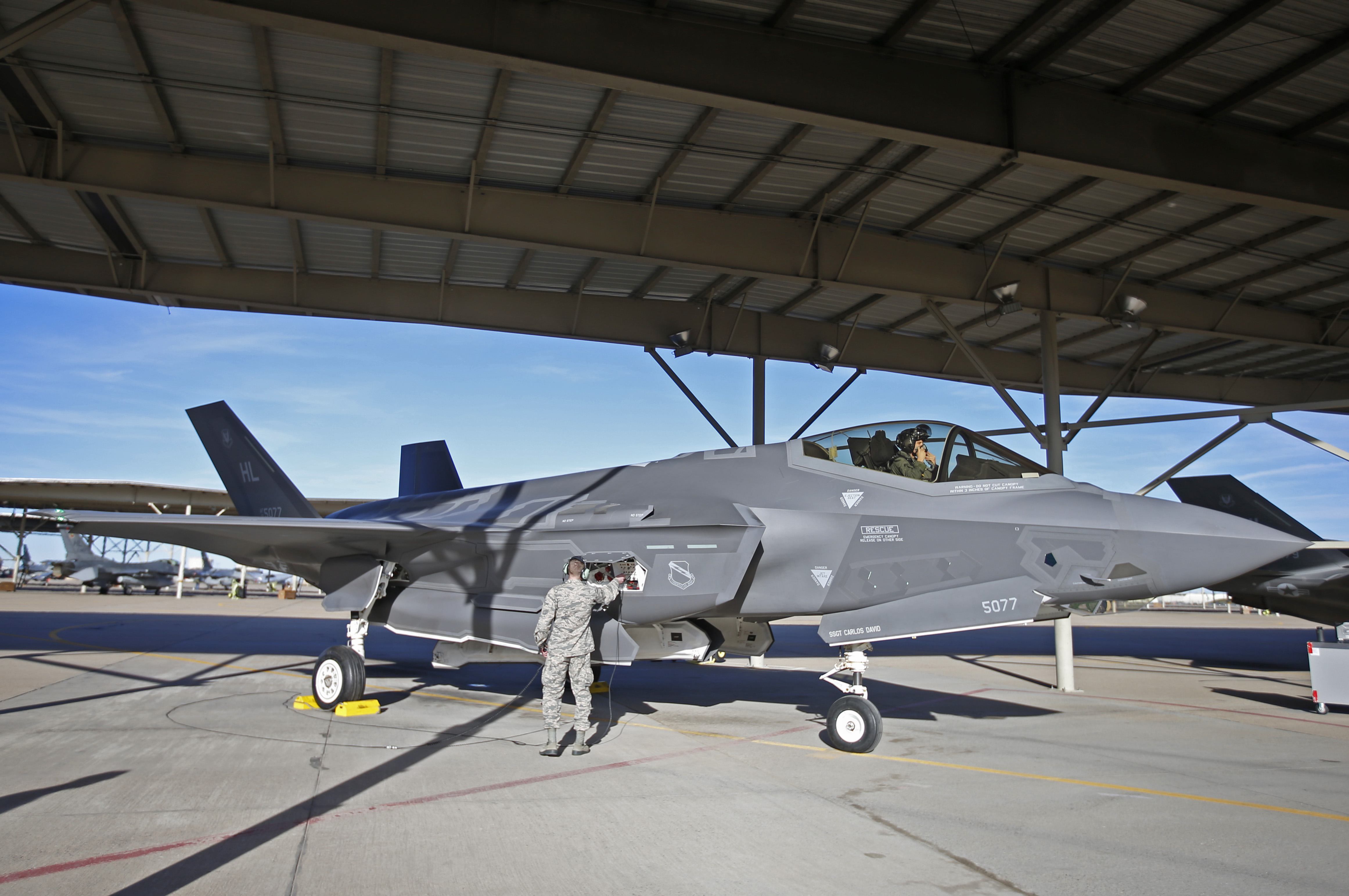 OGDEN, UT - MARCH 15: A ground crew member check out a F-35 plane before a training mission at Hill Air Force Base on March 15, 2017 in Ogden, Utah. Hill is the first Air Force base to get combat ready F-35's. They currently have 17 that might be deployed in the fight against terrorism and ISIS in the near future. (Photo by George Frey/Getty Images)