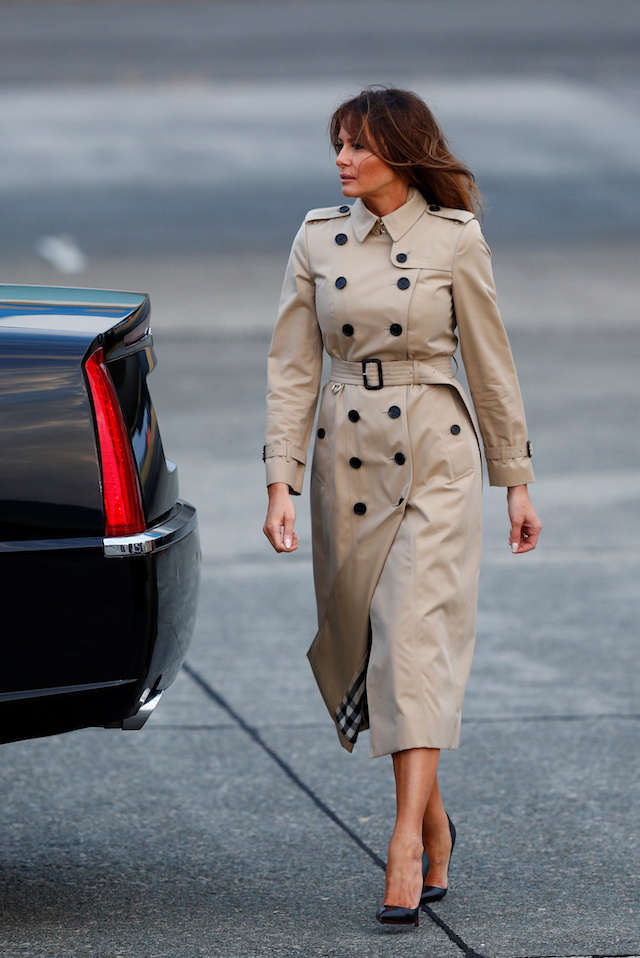 First lady Melania Trump walks on the tarmac as she arrives ahead of the NATO Summit, at Brussels Military Airport in Melsbroek, Belgium July 10, 2018. REUTERS/Francois Lenoir