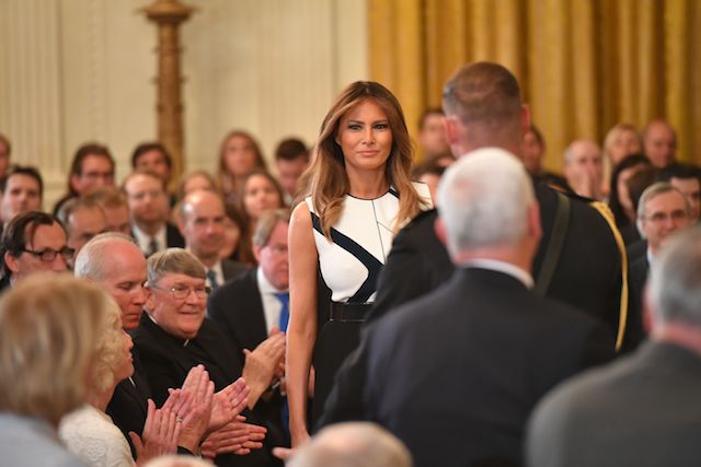 Melania Trump arrives to witness the US president announcing his Supreme Court nominee in the East Room of the White House on July 9, 2018 in Washington, DC. (Photo credit: MANDEL NGAN/AFP/Getty Images)