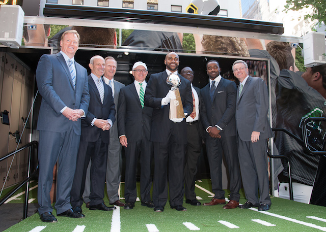 NFL Commissioner Roger Goodell, Giants' co-owners Steve Tisch and John Mara, Jets owner Woody Johnson, David Tyree, former Jets player Emerson Boozer, former Jets player Curtis Maritn, CEO of the NY/NJ Superbowl Host Committee Al Kelly attend the "Join The Huddle" Road To Super Bowl XLVIII Kick Off Mobile Tour at Tiffany & Co. on September 4, 2013 in New York City. (Photo by Dave Kotinsky/Getty Images)