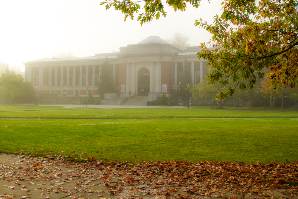 The student union building at Oregon State University is featured on a foggy autumn morning. (Shutterstock/Bob Pool)