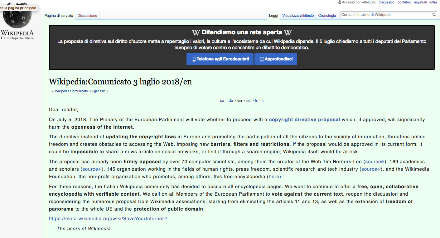 Wikipedia Italy screenshot Tuesday July 3, 2018. (Image: Wikipedia screenshot)