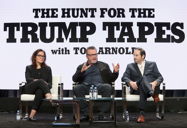 Executive Producer/SVP Development, Viceland Nomi Ernst Leidner, Tom Arnold and Executive Producer Jonathan Karsh discuss 'The Hunt For The Trump Tapes' onstage during The 2018 Summer Television Critics Association Press Tour on July 26, 2018 in Los Angeles, California. (Photo by Jesse Grant/Getty Images for A+E Networks )