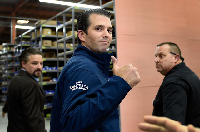 Donald Trump Jr. gives a thumbs-up after a get-out-the-vote rally for his father, Republican presidential nominee Donald Trump, at Ahern Manufacturing on November 3, 2016 in Las Vegas, Nevada. Trump Jr. urged people to vote for his father during early voting, which ends on November 4 in the battleground state, and on Election Day November 8. (Photo by David Becker/Getty Images)