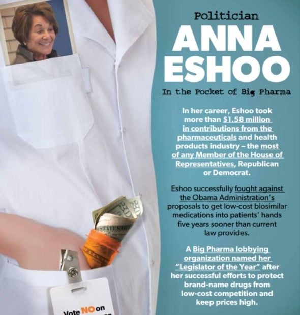 A screenshot of part of the mailer against Rep. Anna Eshoo funded by Patients For Affordable Drugs. Screenshot/P4AD
