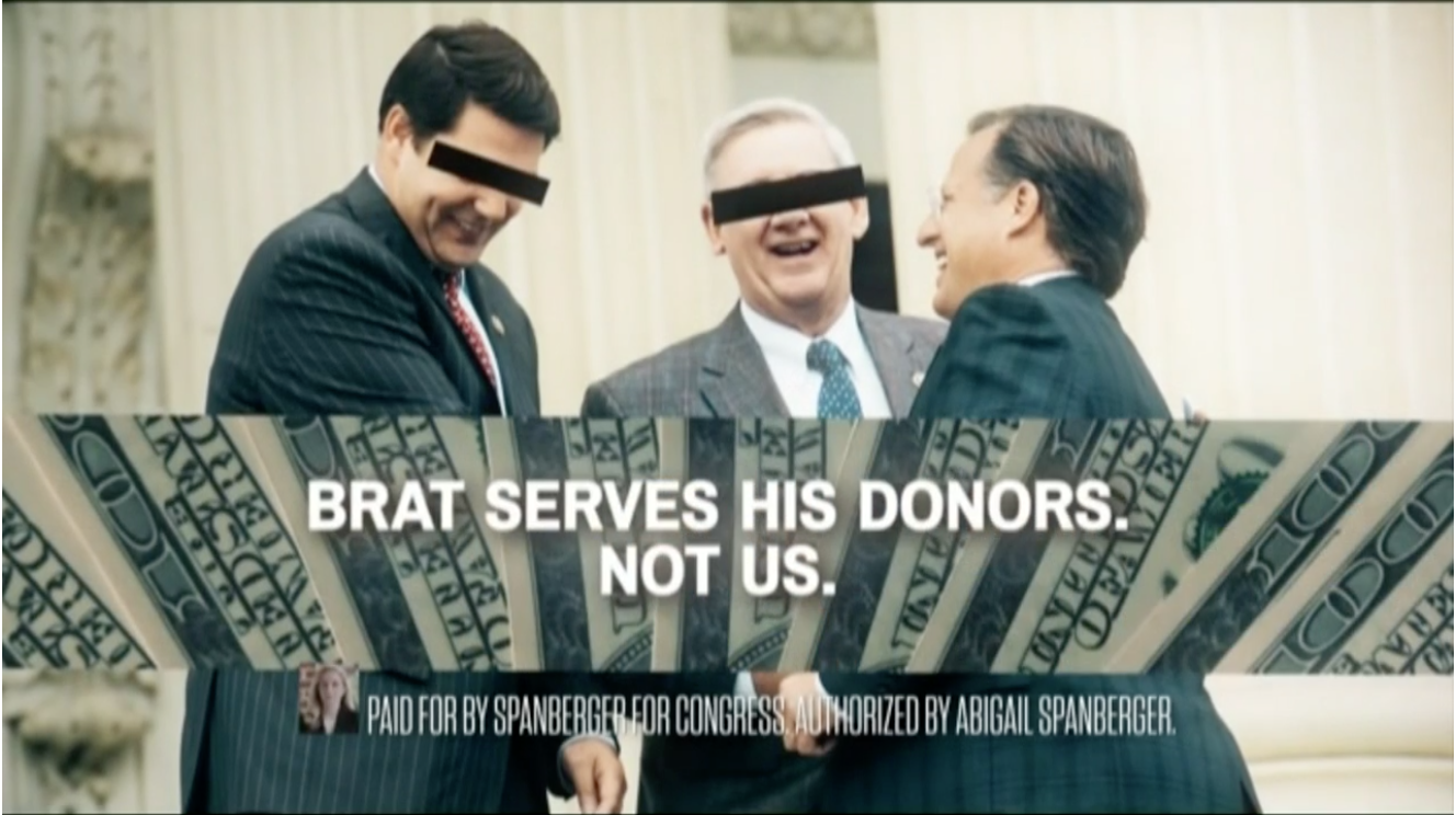 Democrat Abigail Spanberger ran a still ad with a photo of Republican Virginia Rep. Dave Brat laughing with two suit-clad men. The unedited photo shows Brat with fellow Republicans Texas Rep. Jodey Arrington and Michigan Rep. Paul Mitchell, not donors. Screenshot/Brat campaign