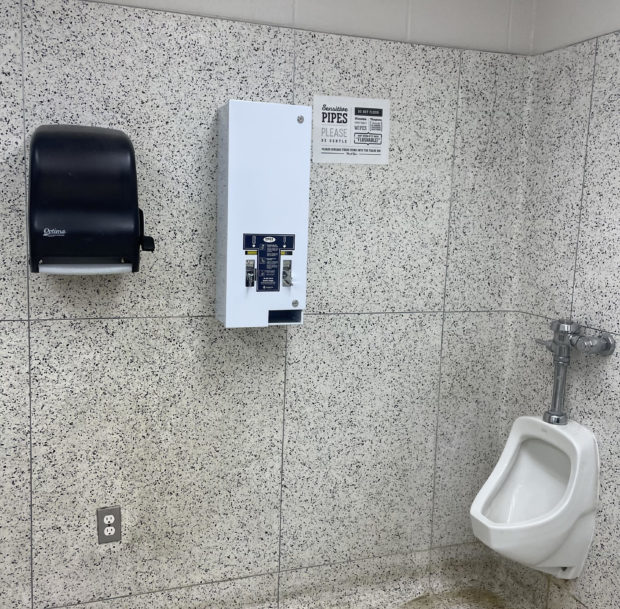 Thanks to Sacramento Democrats, tampons are free of charge in Golden State government-school boys’ rooms, such as this one in San Diego. Photo courtesy of Phil Kendro.